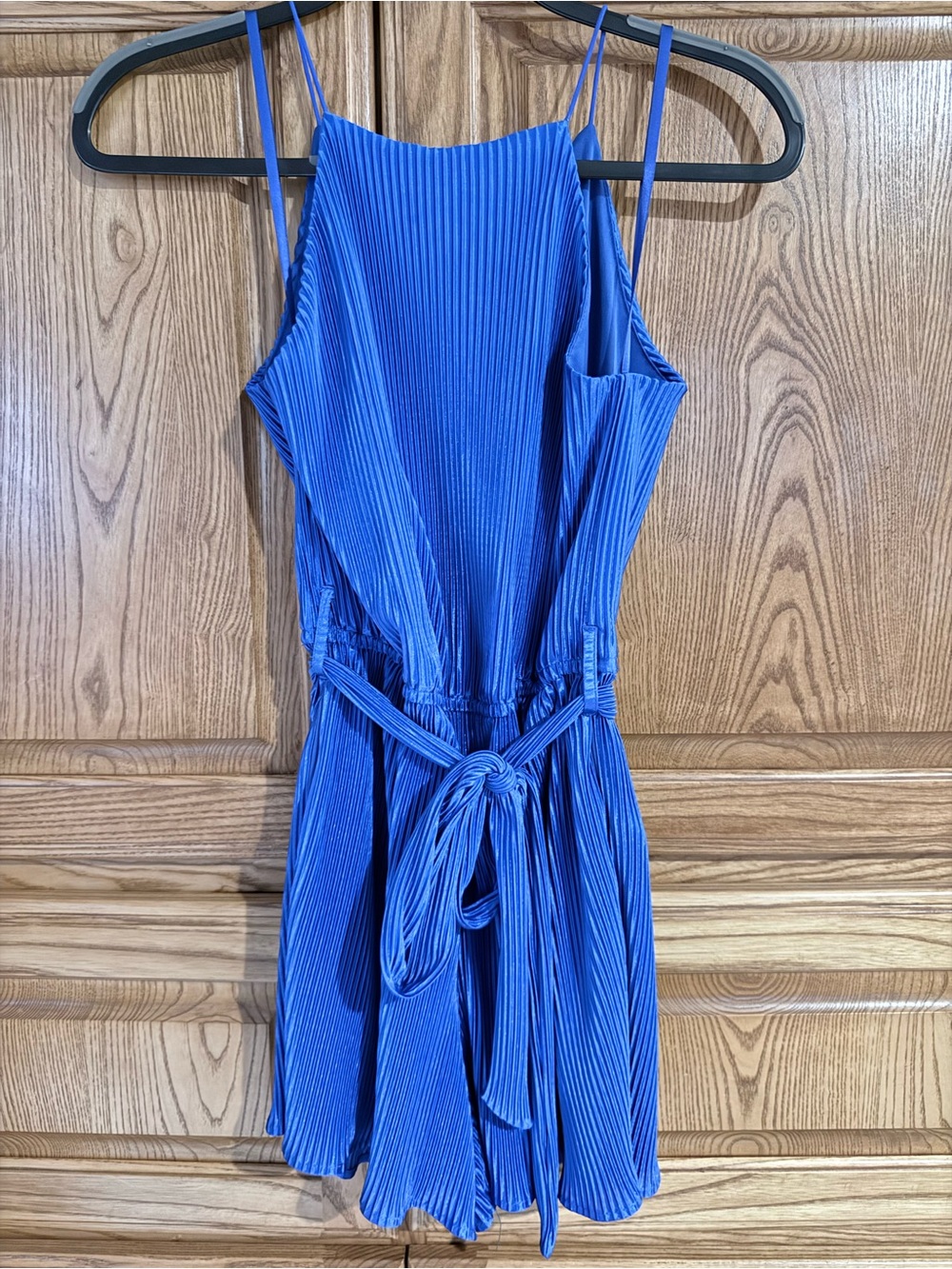Bright Blue Pleated Tie-Waist Sleeveless Dress/Romper
